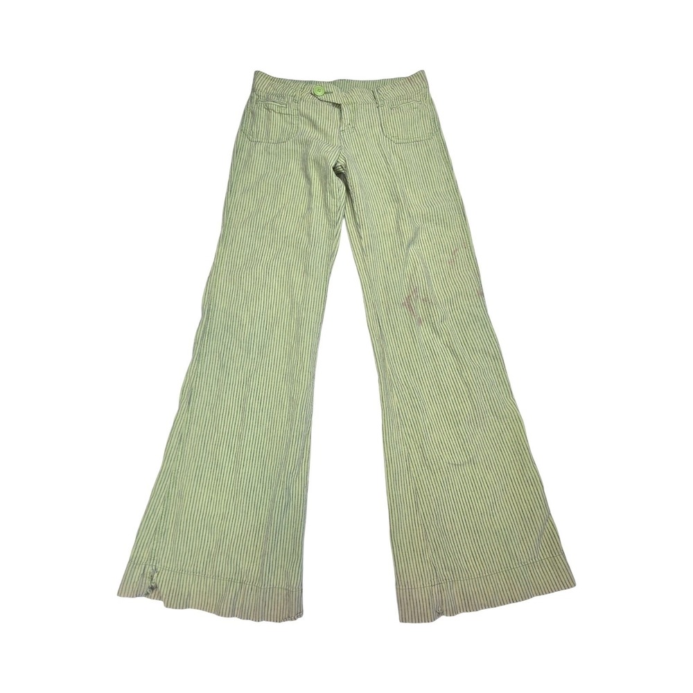 dELiA*s Y2K Style Low Rise Striped Flare Pants Green Linen Blend Wide Leg 1/2R